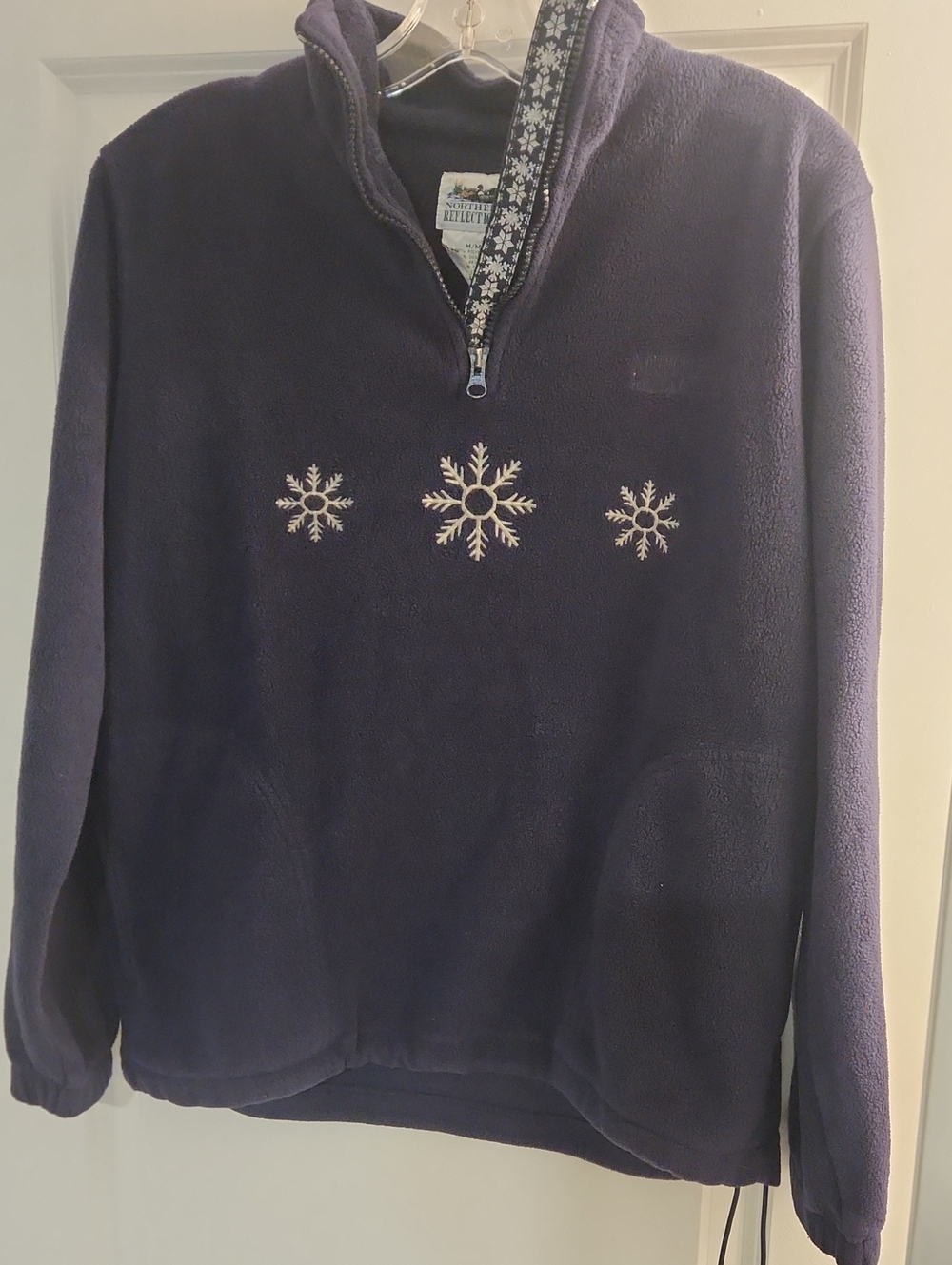 Womens Navy Fleece Pullover with Snowflake Embroidery